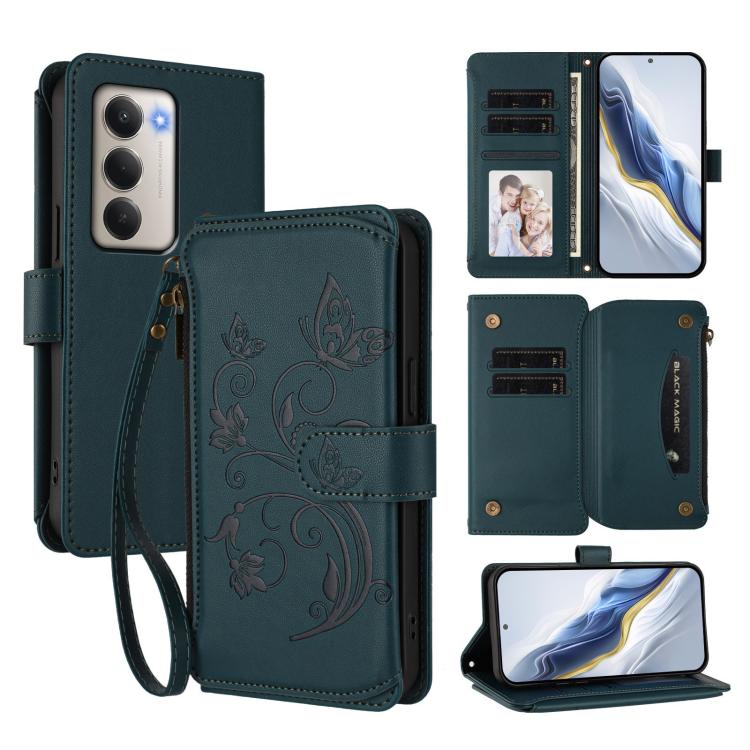 

For Redmi 15 5G Global / 15 4G SEA 169.5mm Butterfly Love Flower Multi-card Zipper Wallet Leather Phone Case(Dark Green)