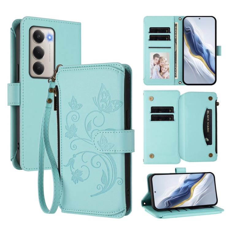 

For Redmi 15 5G Global / 15 4G SEA 169.5mm Butterfly Love Flower Multi-card Zipper Wallet Leather Phone Case(Mint Green)