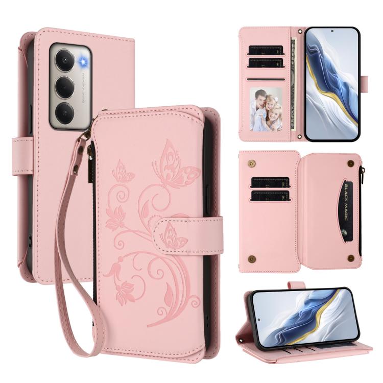 For Redmi 15 5G Global / 15 4G SEA 169.5mm Butterfly Love Flower Multi-card Zipper Wallet Leather Phone Case(Pink)