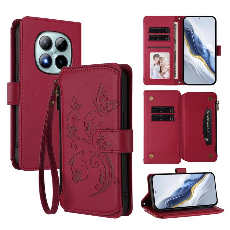 

For Redmi Note 15 Pro+ 5G 163.3mm Butterfly Love Flower Multi-card Zipper Wallet Leather Phone Case(Wine Red)