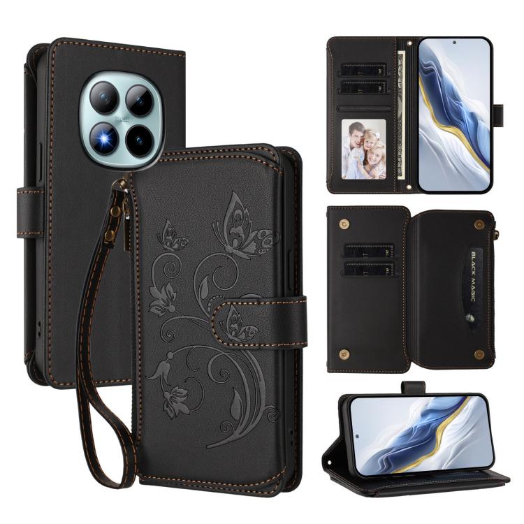 

For Redmi Note 15 Pro+ 5G 163.3mm Butterfly Love Flower Multi-card Zipper Wallet Leather Phone Case(Black)
