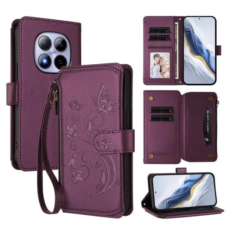 

For Redmi Note 15 Pro 5G Global 163.6mm Butterfly Love Flower Multi-card Zipper Wallet Leather Phone Case(Dark Purple)