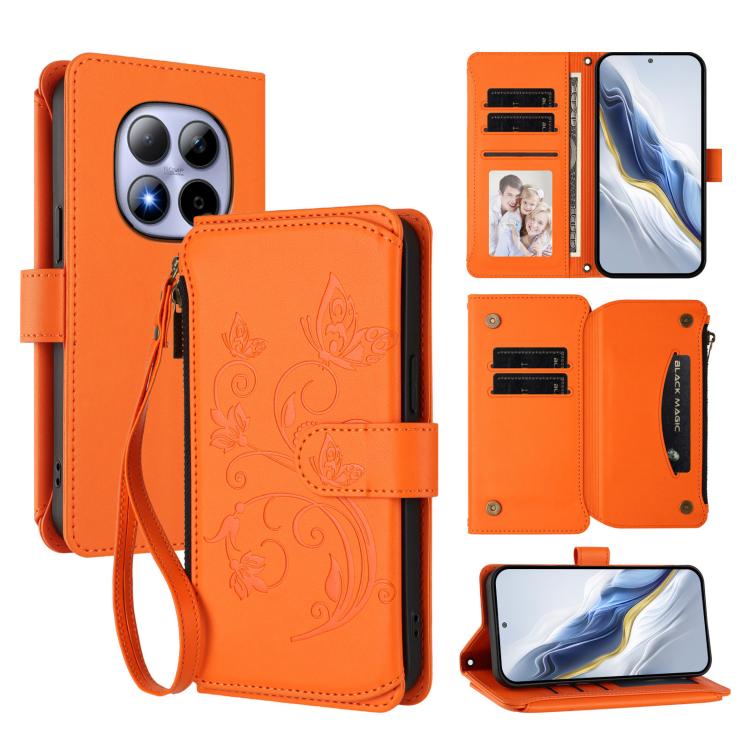 

For Redmi Note 15 Pro 5G Global 163.6mm Butterfly Love Flower Multi-card Zipper Wallet Leather Phone Case(Orange)