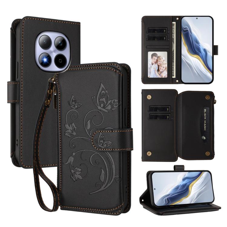 

For Redmi Note 15 Pro 5G Global 163.6mm Butterfly Love Flower Multi-card Zipper Wallet Leather Phone Case(Black)