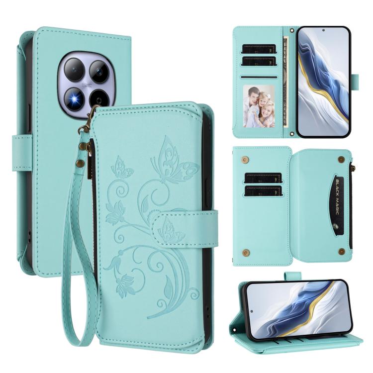 

For Redmi Note 15 Pro 5G Global 163.6mm Butterfly Love Flower Multi-card Zipper Wallet Leather Phone Case(Mint Green)