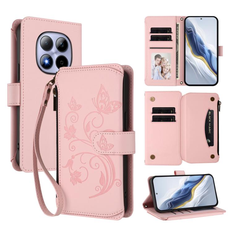 

For Redmi Note 15 Pro 5G Global 163.6mm Butterfly Love Flower Multi-card Zipper Wallet Leather Phone Case(Pink)