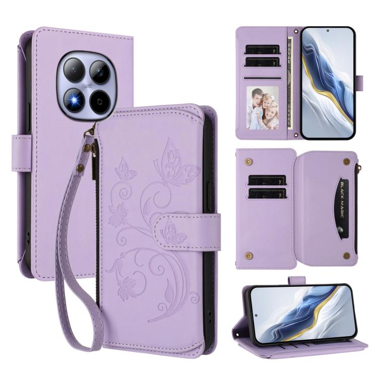 

For Redmi Note 15 Pro 5G Global 163.6mm Butterfly Love Flower Multi-card Zipper Wallet Leather Phone Case(Light Purple)