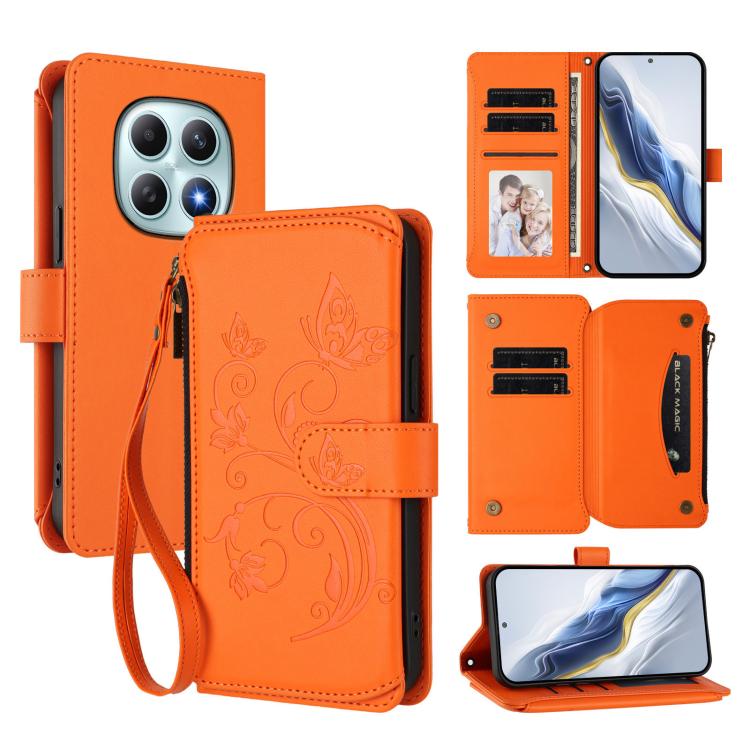 

For Redmi Note 15 4G / 5G Global 164mm Butterfly Love Flower Multi-card Zipper Wallet Leather Phone Case(Orange)