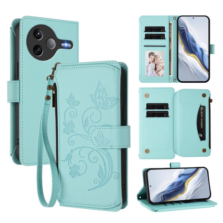 

For Xiaomi Poco F7 Ultra / Redmi K80 Pro Butterfly Love Flower Multi-card Zipper Wallet Leather Phone Case(Mint Green)