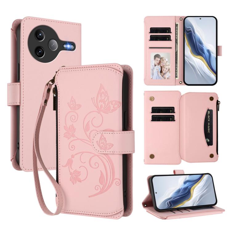 

For Xiaomi Poco F7 Ultra / Redmi K80 Pro Butterfly Love Flower Multi-card Zipper Wallet Leather Phone Case(Pink)