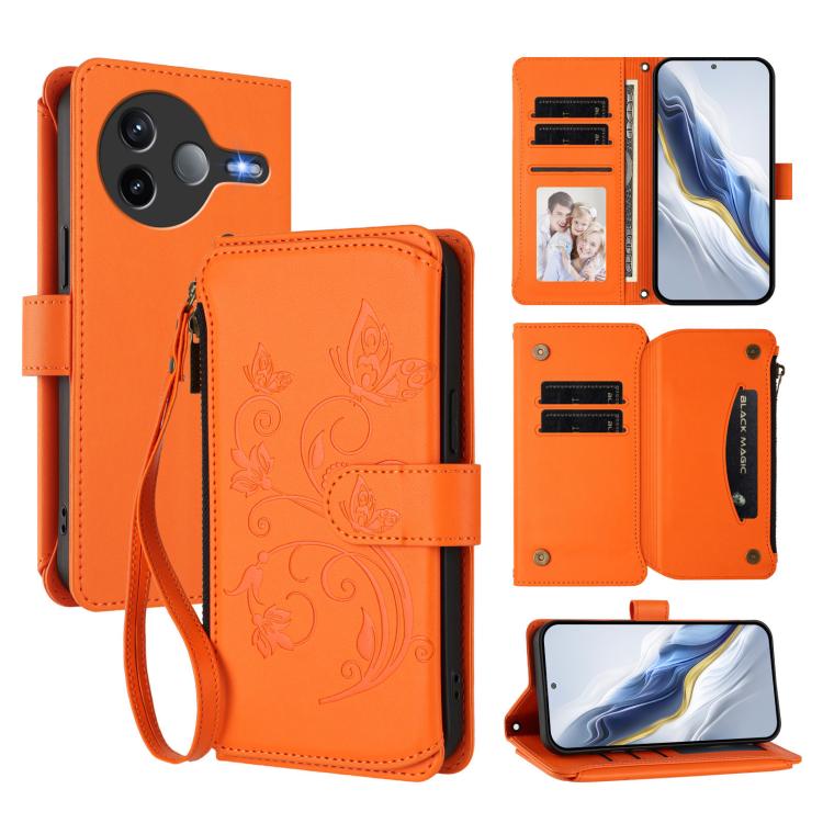 

For Xiaomi Poco F7 Pro / Redmi K80 Butterfly Love Flower Multi-card Zipper Wallet Leather Phone Case(Orange)