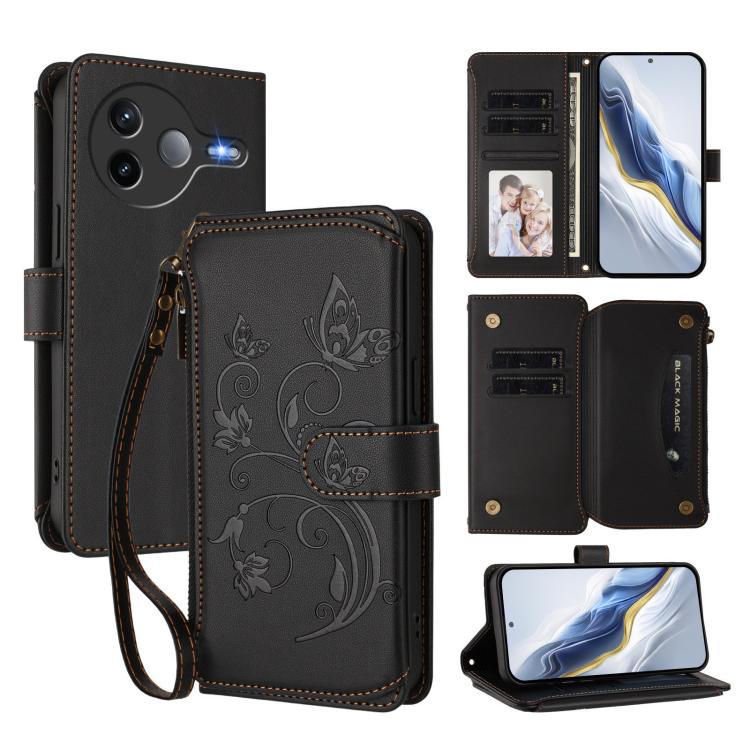 

For Xiaomi Poco F7 Pro / Redmi K80 Butterfly Love Flower Multi-card Zipper Wallet Leather Phone Case(Black)