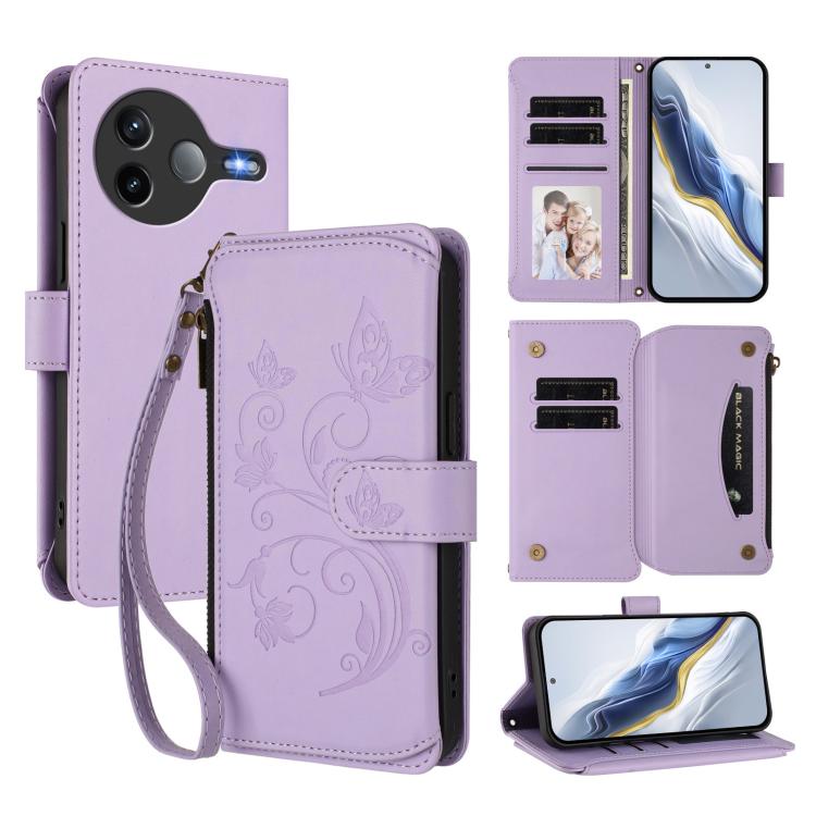 

For Xiaomi Poco F7 Pro / Redmi K80 Butterfly Love Flower Multi-card Zipper Wallet Leather Phone Case(Light Purple)