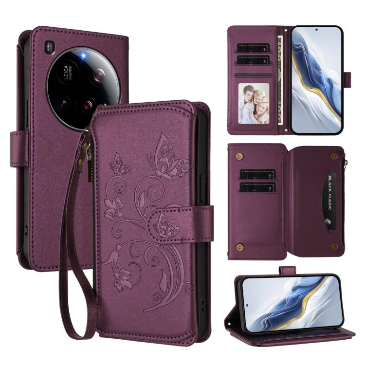 

For Xiaomi 15 Ultra Butterfly Love Flower Multi-card Zipper Wallet Leather Phone Case(Dark Purple)