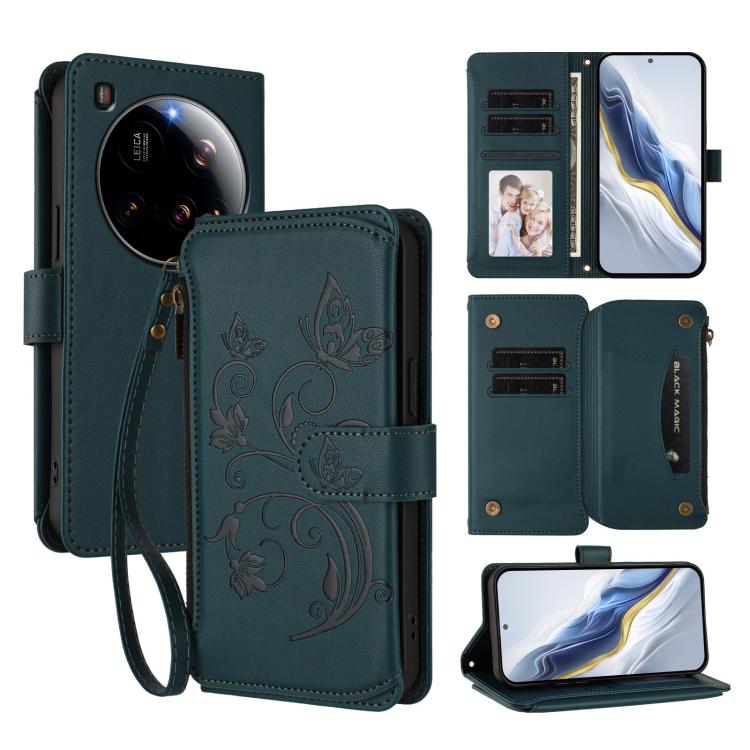 

For Xiaomi 15 Ultra Butterfly Love Flower Multi-card Zipper Wallet Leather Phone Case(Dark Green)