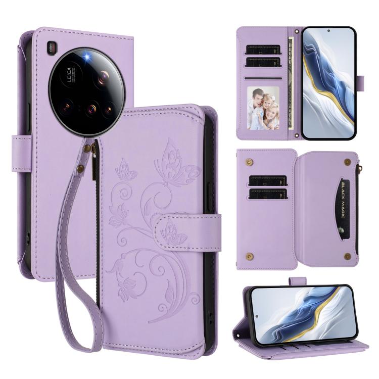 

For Xiaomi 15 Ultra Butterfly Love Flower Multi-card Zipper Wallet Leather Phone Case(Light Purple)