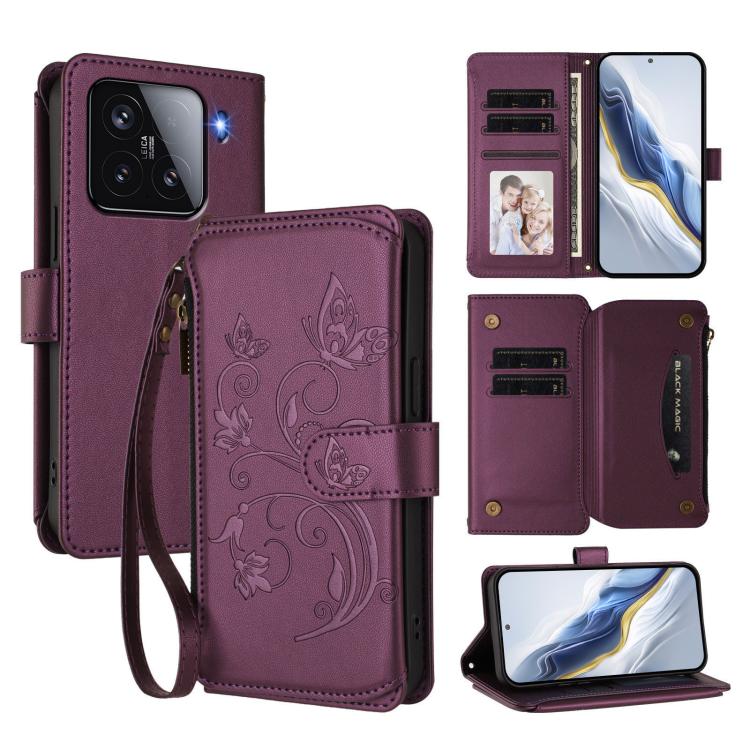 

For Xiaomi 15 Butterfly Love Flower Multi-card Zipper Wallet Leather Phone Case(Dark Purple)