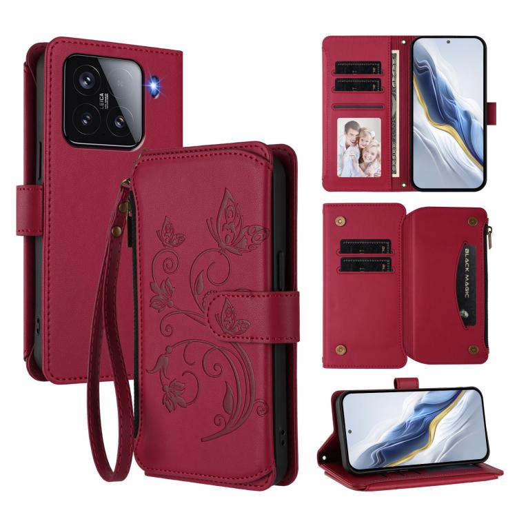 

For Xiaomi 15 Butterfly Love Flower Multi-card Zipper Wallet Leather Phone Case(Wine Red)