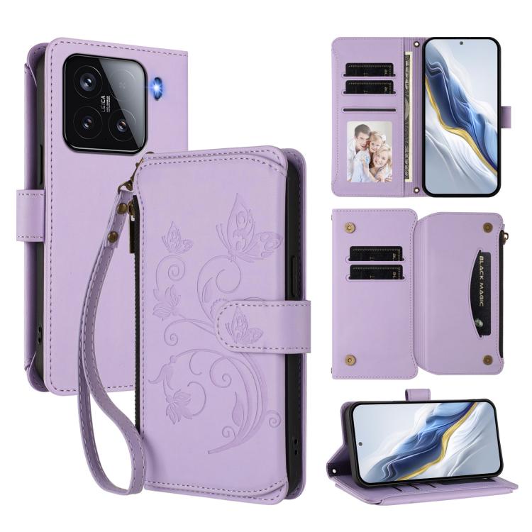 

For Xiaomi 15 Butterfly Love Flower Multi-card Zipper Wallet Leather Phone Case(Light Purple)