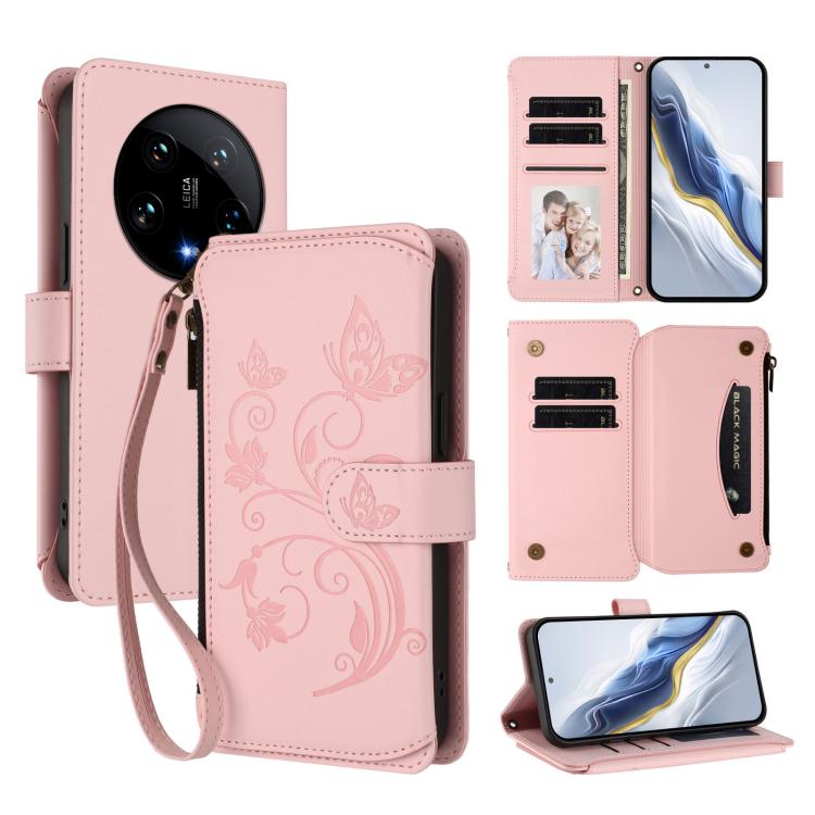 

For Xiaomi 14 Ultra Butterfly Love Flower Multi-card Zipper Wallet Leather Phone Case(Pink)