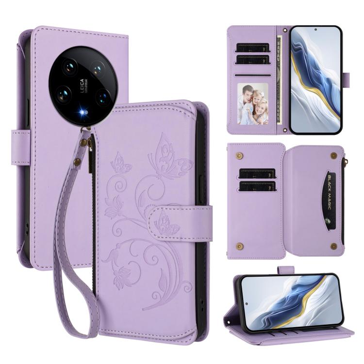 

For Xiaomi 14 Ultra Butterfly Love Flower Multi-card Zipper Wallet Leather Phone Case(Light Purple)