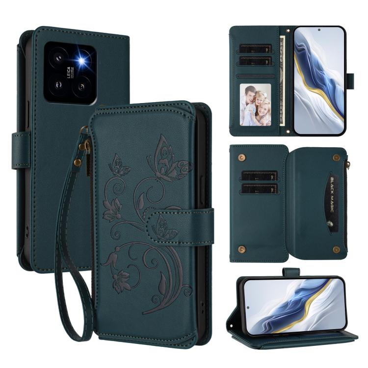 

For Xiaomi 14 Pro Butterfly Love Flower Multi-card Zipper Wallet Leather Phone Case(Dark Green)