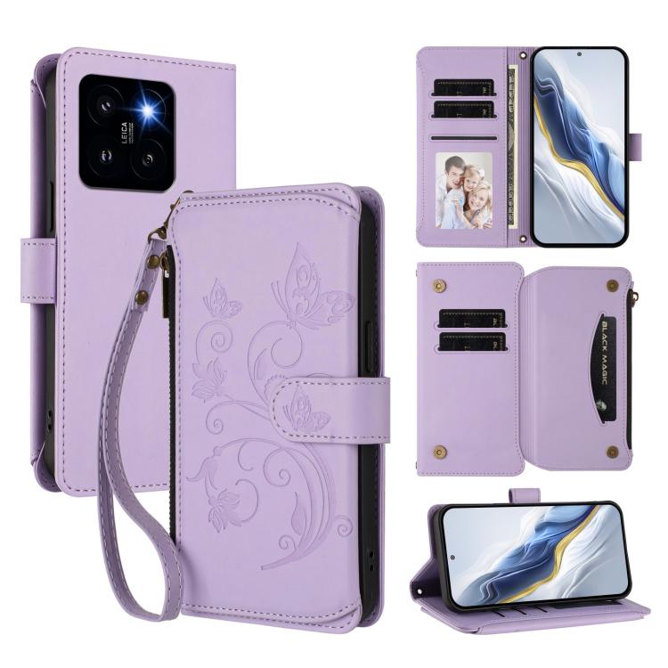

For Xiaomi 14 Pro Butterfly Love Flower Multi-card Zipper Wallet Leather Phone Case(Light Purple)