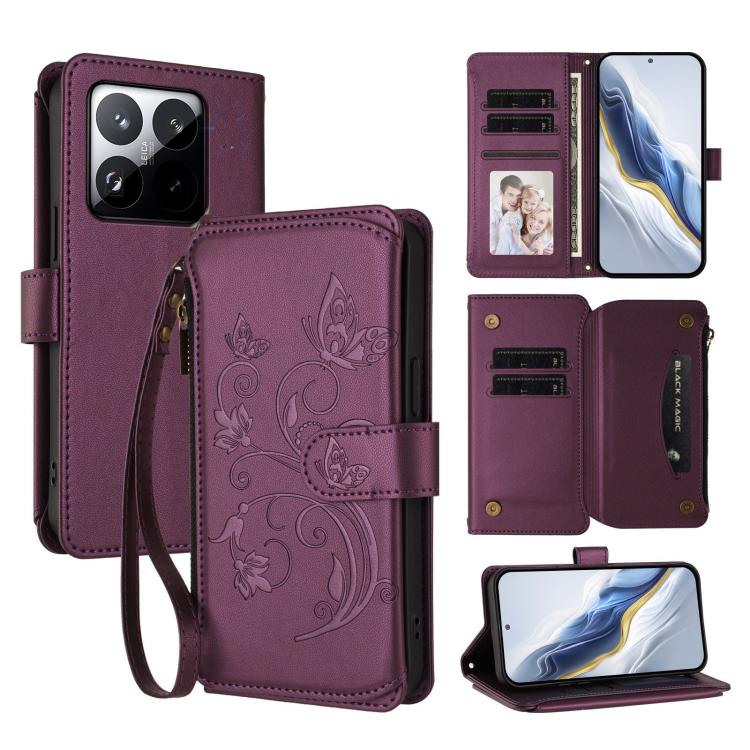 

For Xiaomi 15T 5G Butterfly Love Flower Multi-card Zipper Wallet Leather Phone Case(Dark Purple)