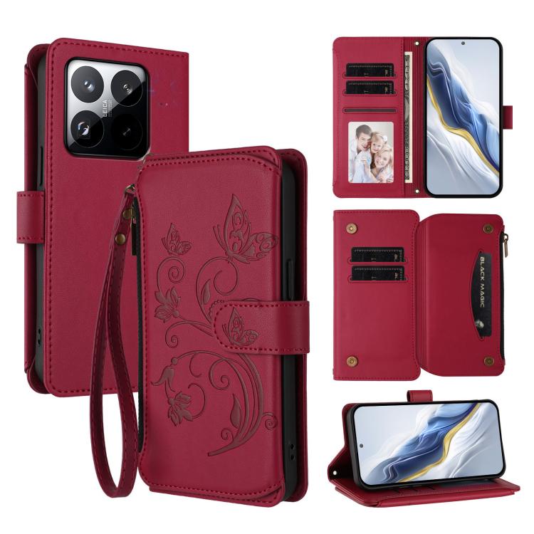 

For Xiaomi 15T 5G Butterfly Love Flower Multi-card Zipper Wallet Leather Phone Case(Wine Red)