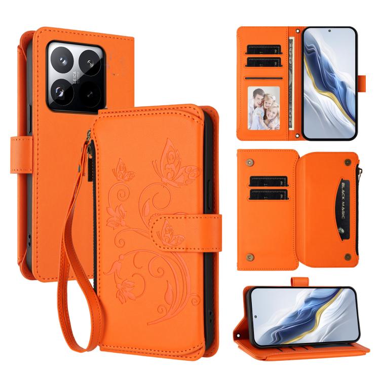 

For Xiaomi 15T 5G Butterfly Love Flower Multi-card Zipper Wallet Leather Phone Case(Orange)