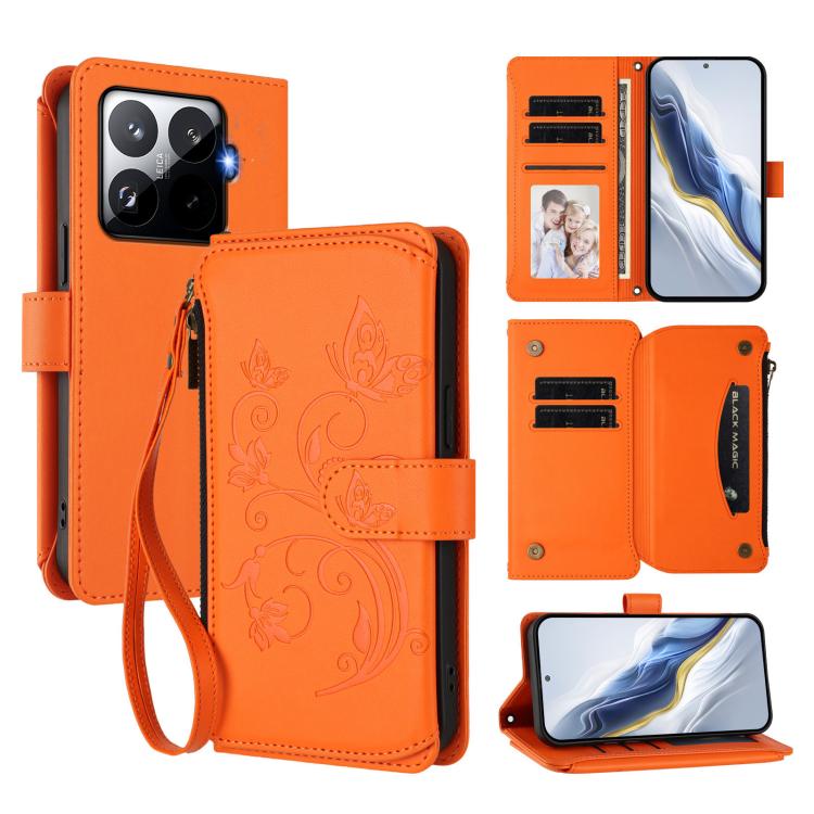 

For Xiaomi 15T Pro 5G Butterfly Love Flower Multi-card Zipper Wallet Leather Phone Case(Orange)