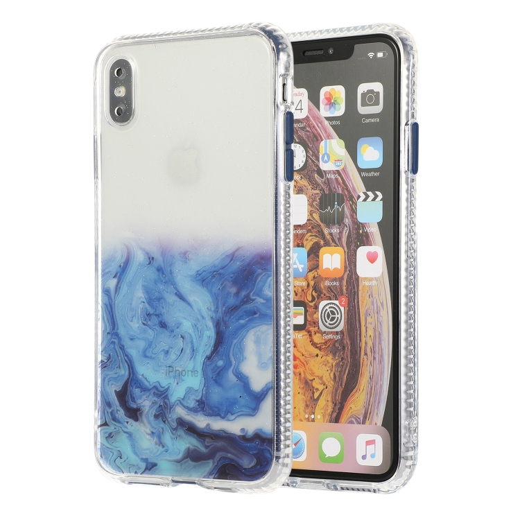 

For iPhone X / XS Marble Pattern Glittery Powder Shockproof TPU Case with Detachable Buttons(Blue)