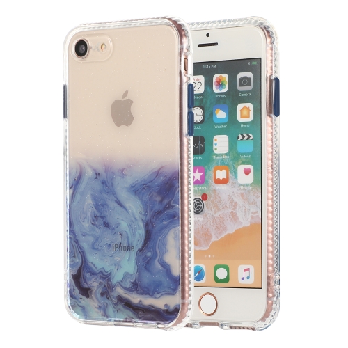 

For iPhone SE 2022 / SE 2020 / 8 / 7 Marble Pattern Glittery Powder Shockproof TPU Case with Detachable Buttons(Blue)