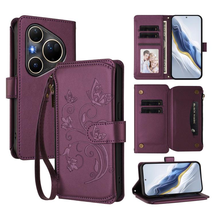 

For Huawei Pura 80 Ultra Butterfly Love Flower Multi-card Zipper Wallet Leather Phone Case(Dark Purple)