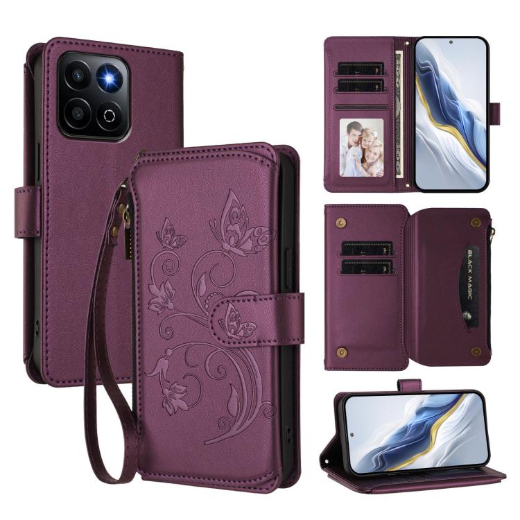 

For Honor 400 Smart Butterfly Love Flower Multi-card Zipper Wallet Leather Phone Case(Dark Purple)