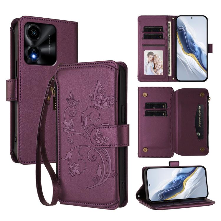 

For Honor X5c Plus Butterfly Love Flower Multi-card Zipper Wallet Leather Phone Case(Dark Purple)