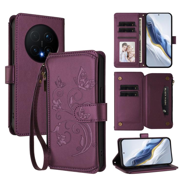 

For Honor Magic8 Pro Butterfly Love Flower Multi-card Zipper Wallet Leather Phone Case(Dark Purple)