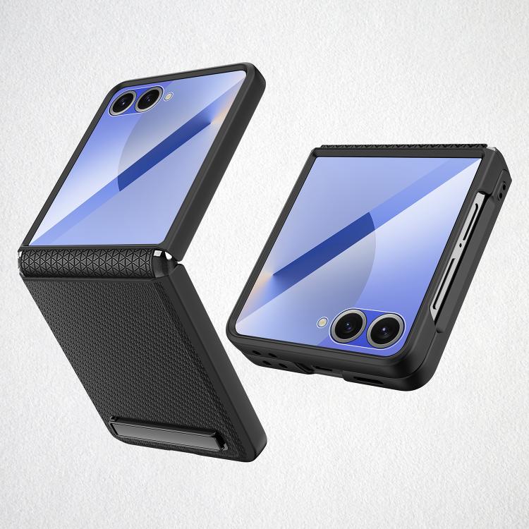 

For Samsung Galaxy Z Flip7 5G Integrated Invisible Bracket Litchi Skin Pasting Phone Case(Wheat Black)