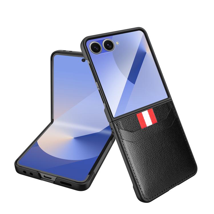 

For Samsung Galaxy Z Flip7 5G Integrated Webbing Card Slot Les Film Litchi Skin Pasting Phone Case(Black)