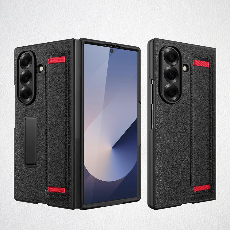 

For Samsung Galaxy Z Fold7 5G Integrated Invisible Bracket Litchi Skin Pasting Phone Case with Hand Strap(Black Red)
