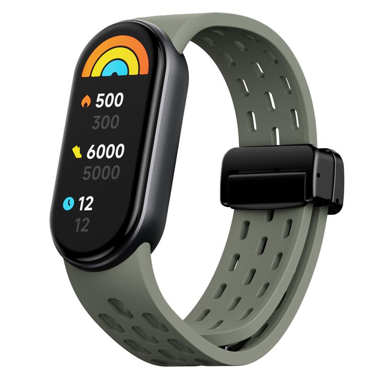 

For Xiaomi Smart Band 10 / 9 / 8 xDfind Holes Magnetic Black Buckle Silicone Watch Band(Dark Green)