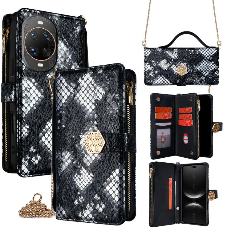 

For Huawei nova 14 Ultra 5G Crossbody Handle Snake Texture Leather Phone Case(Black)