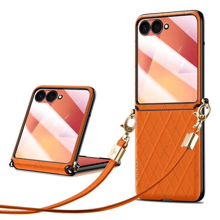 

For Samsung Galaxy Z Flip7 5G SULADA Elegant Rhombic Texture Folding Phone Case with Lanyard(Orange)
