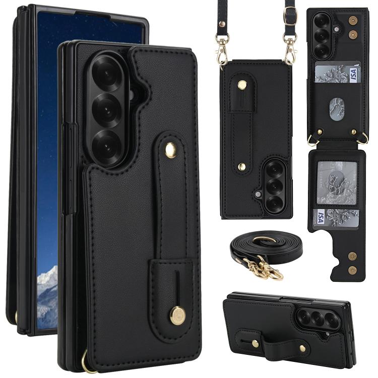 

For Samsung Galaxy Z Fold7 5G Wristband Vertical Flip Wallet Back Cover Phone Case with Long Lanyard(Black)
