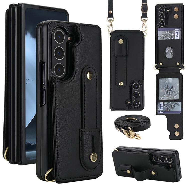 

For Samsung Galaxy Z Fold5 5G Wristband Vertical Flip Wallet Back Cover Phone Case with Long Lanyard(Black)