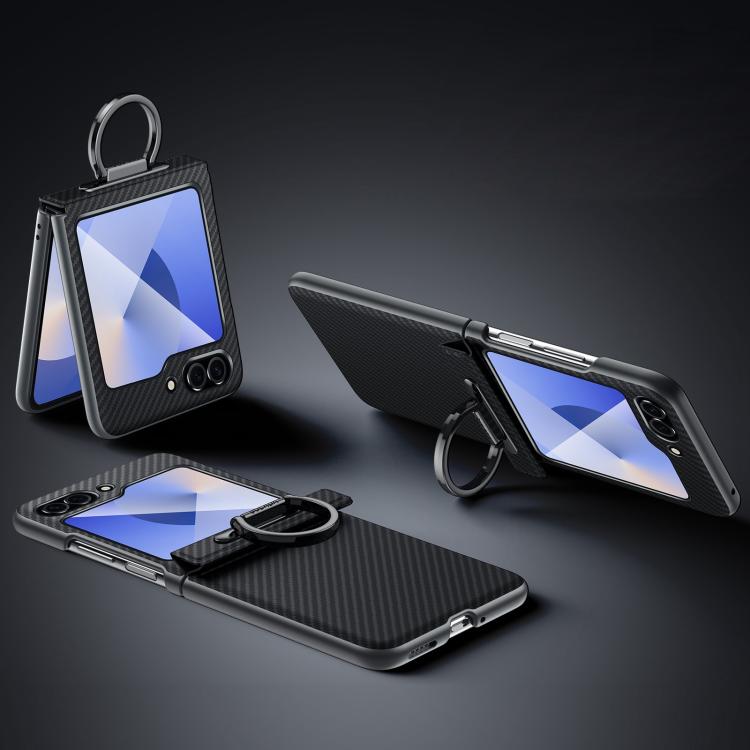 

For Samsung Galaxy Z Flip6 SULADA 600D Kevlar Texture PC Shockproof Phone Case with Rng Holder(Black)