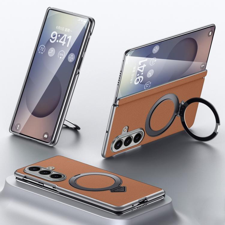

For Samsung Galaxy Z Fold7 5G SULADA Top Grain Leather MagSafe Magnetic Holder Phone Case(Brown)