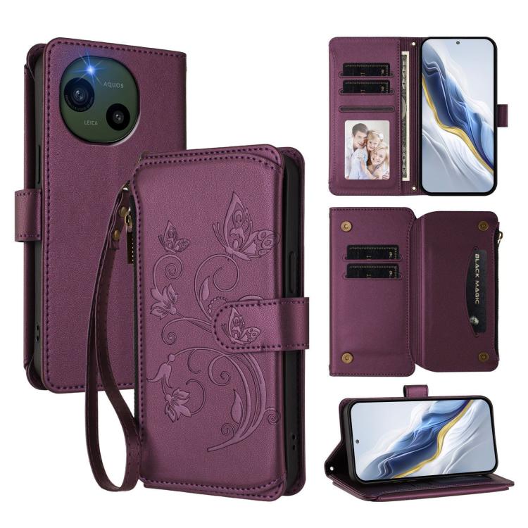 

For Sharp Aquos R10 Butterfly Love Flower Multi-card Zipper Wallet Leather Phone Case(Dark Purple)