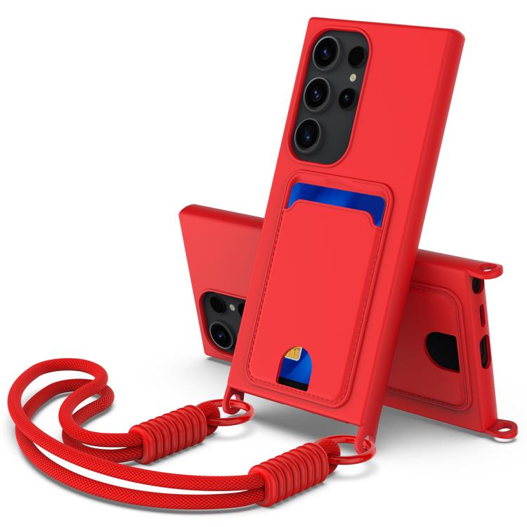 

For Samsung Galaxy S24 Ultra 5G Integrated Card Bag Solid Color Liquid Silicone Phone Case Gen2 with Short Lanyard(Red)