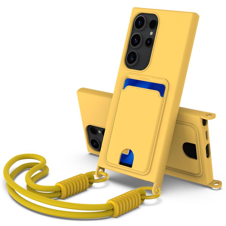 

For Samsung Galaxy S24 Ultra 5G Integrated Card Bag Solid Color Liquid Silicone Phone Case Gen2 with Short Lanyard(Yellow)